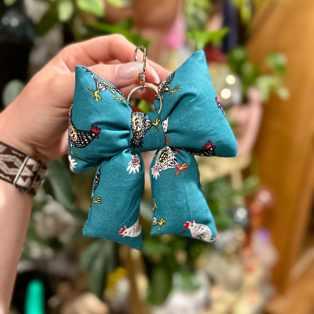 Teal Chicken Puffy Bow Keychain