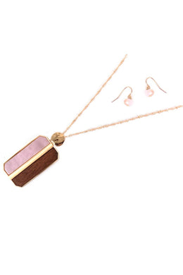 Pink Gemstone and Wood Split Pendant Necklace and Earring Set