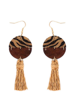 Tiger Cork and Wood Split Disk Raffia Tassel Earrings