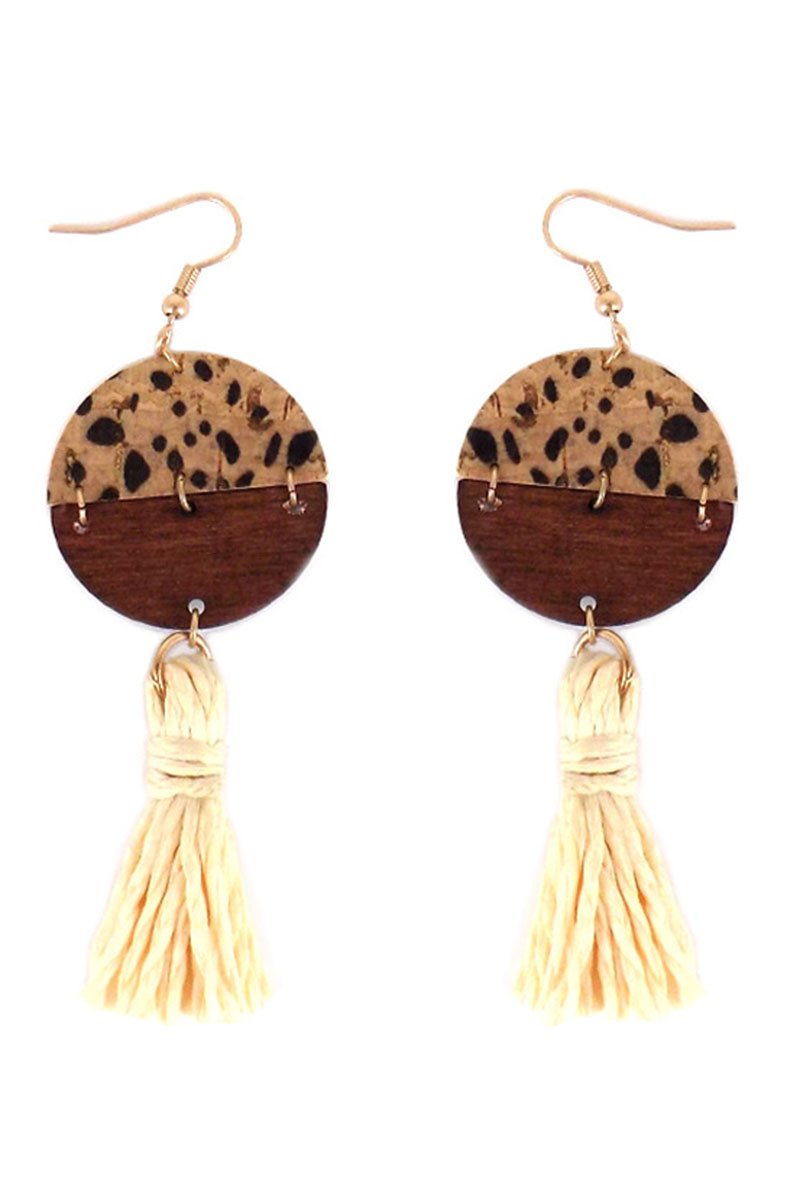 Cheetah Cork and Wood Split Disk Tassel Earrings