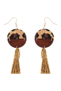 Leopard Cork and Wood Split Disk Tassel Earrings