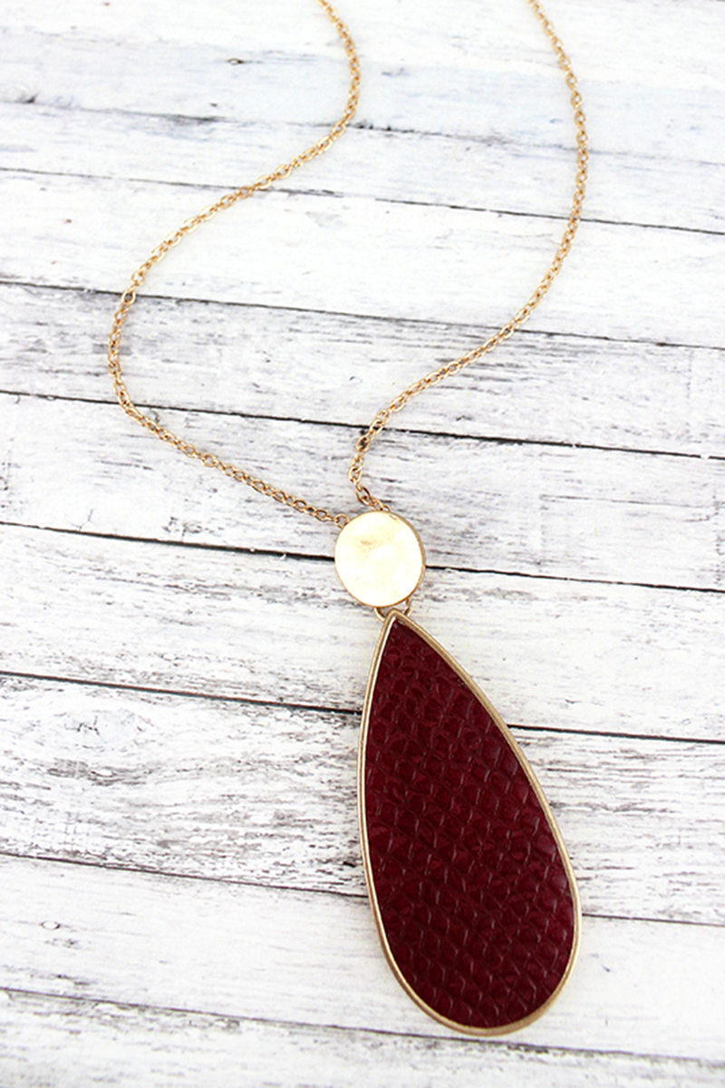 Crave Goldtone Disk and Burgundy Python Teardrop Necklace