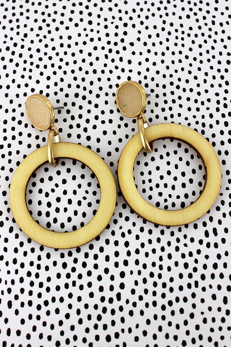 Crave Ivory Druzy Disk and Wood Circle Earrings