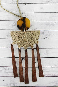 Crave Brown Tortoiseshell, Goldtone, and Wood Geo Fringe Pendant Necklace