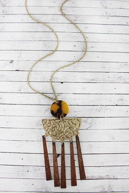 Crave Brown Tortoiseshell, Goldtone, and Wood Geo Fringe Pendant Necklace