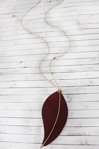 Crave Goldtone and Brown Faux Leather Leaf Pendant Necklace