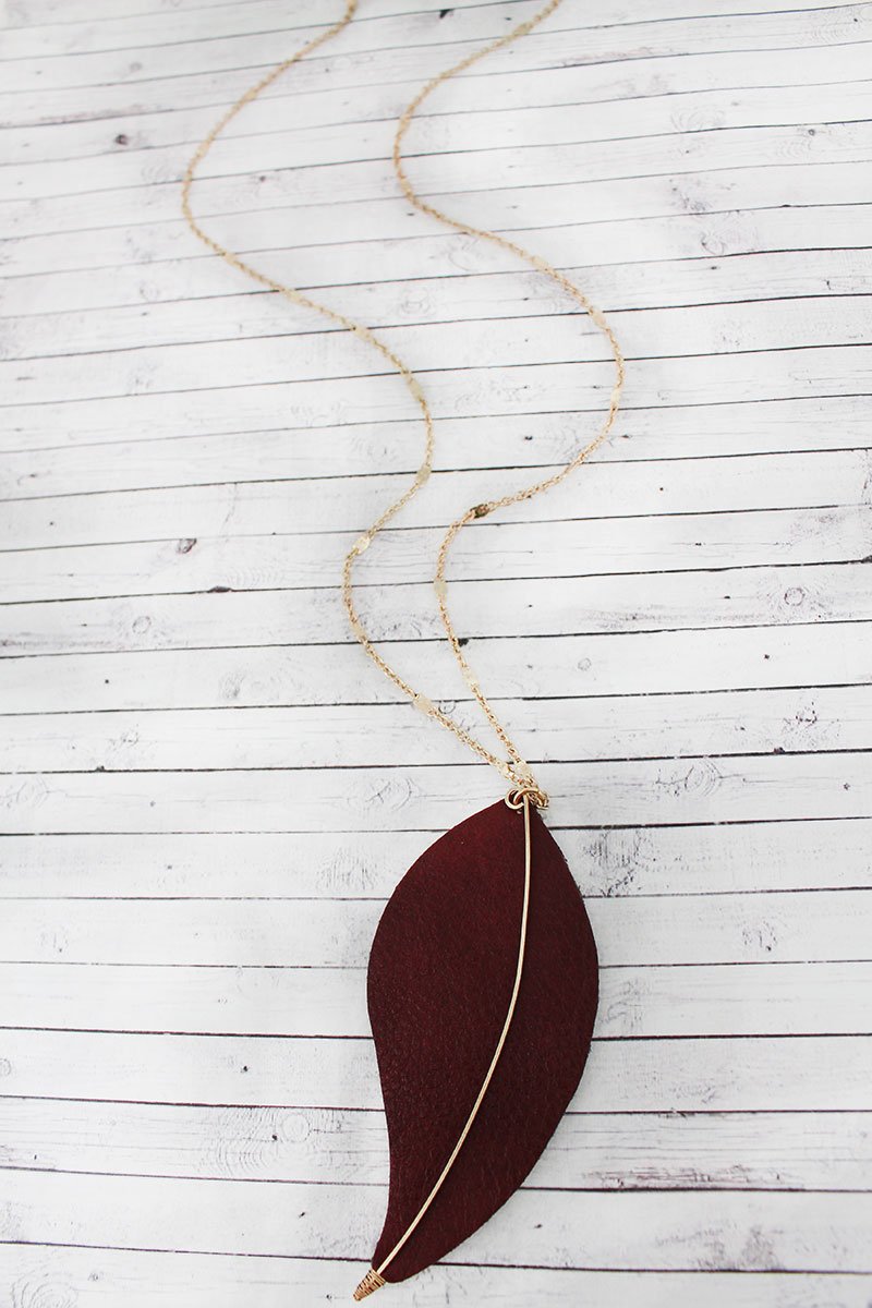 Crave Goldtone and Brown Faux Leather Leaf Pendant Necklace