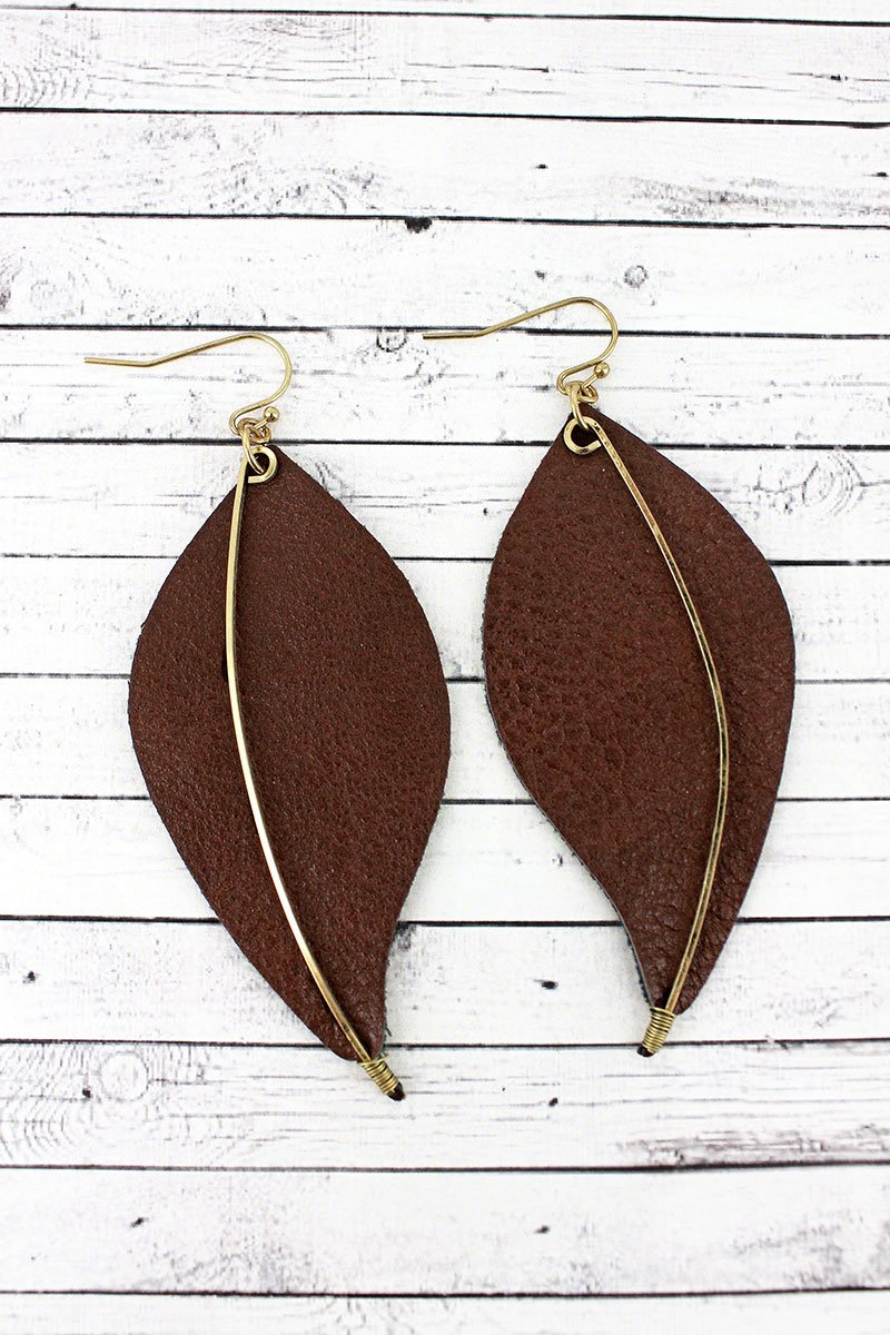 Crave Goldtone and Brown Faux Leather Leaf Earrings