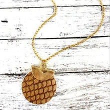 Load image into Gallery viewer, Crave Goldtone Half Moon and Brown Python Disk Necklace